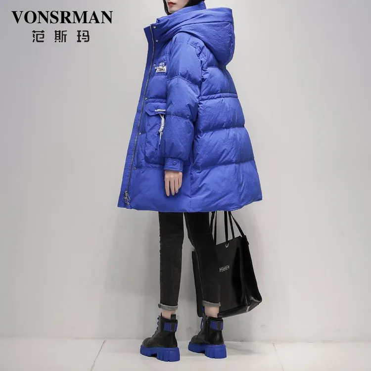 中长款蓝色羽绒服女2025冬季新款韩版宽松时尚白鸭绒小个子加厚女