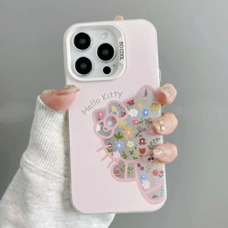 BANCA粉色鲜花kitty适用苹果16/15彩银手机壳华为oppo小米vivo
