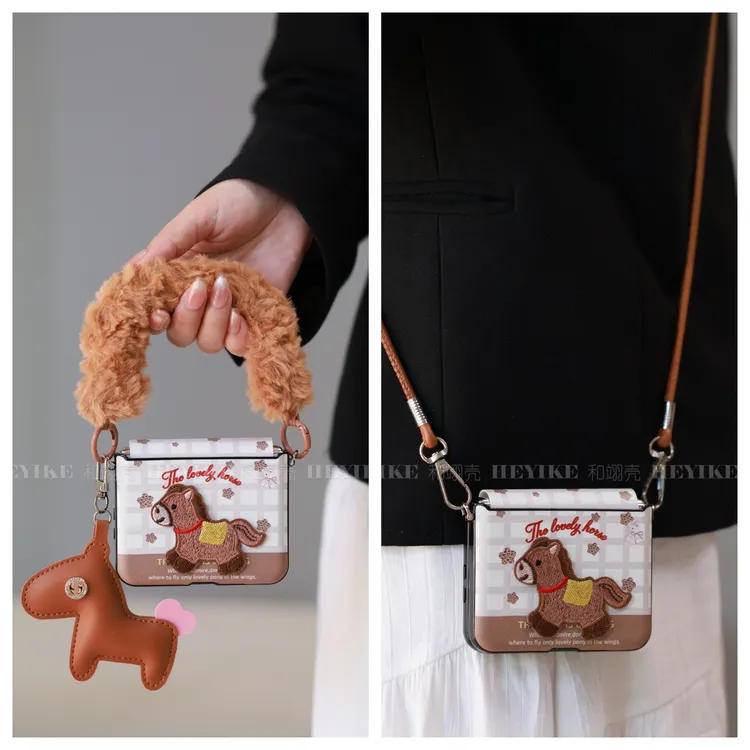 ins浅咖刺绣小马适用华为purax手机壳典藏magicvflip2斜挎pocket2