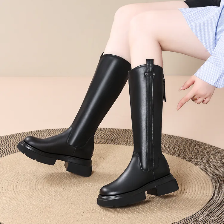 2025秋女靴弹力长筒靴过膝粗跟时装靴英伦风后拉链瘦瘦靴增高靴子