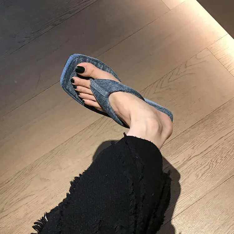【澳门专柜正品】沙滩度假！高跟牛仔拖鞋女款夏天外穿防滑坡跟厚底