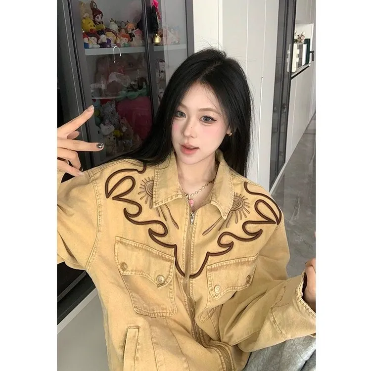 美式复古西部春秋季新款牛仔外套女拉链刺绣夹克宽松个性情侣上衣