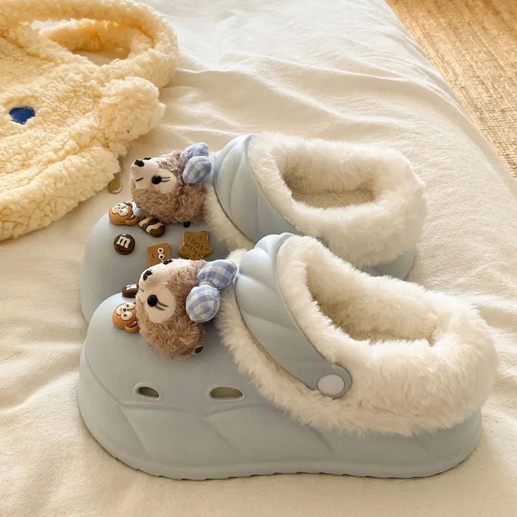 可拆卸棉洞洞鞋甜美小熊秋冬外穿加绒EVA厚底增高毛毛保暖棉拖女