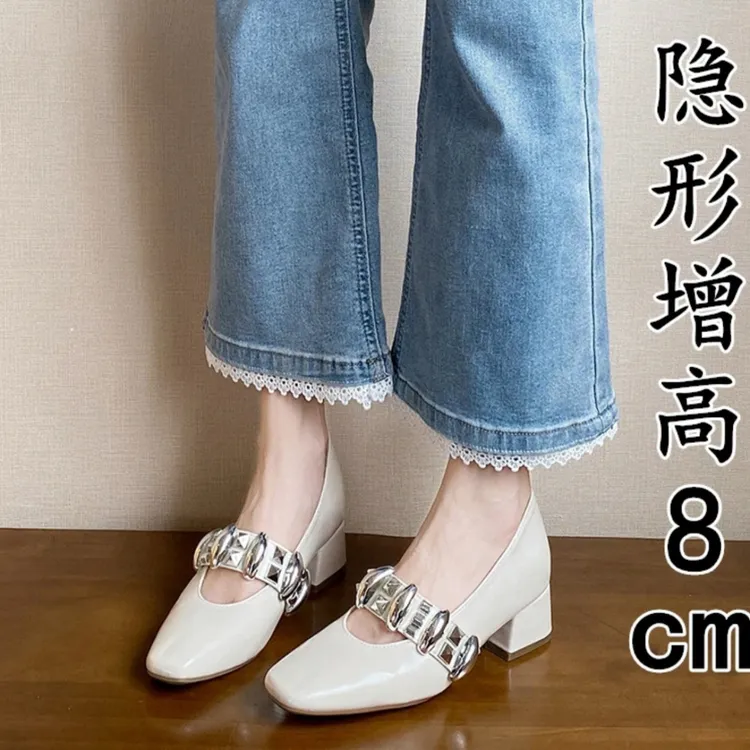 内增高8cm~方头复古风金属一字带单鞋女浅口小个子配裙子玛丽珍鞋