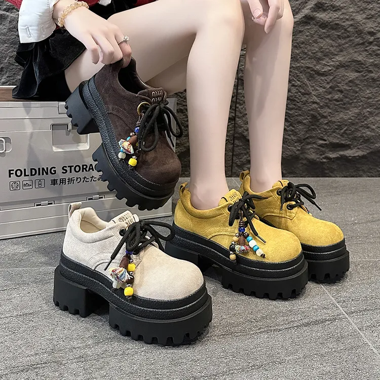 复古小皮鞋女2025新款秋季增高松糕厚底乐福鞋系带串珠英伦风单鞋