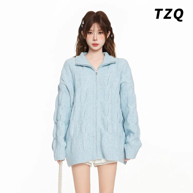 美式拉链翻领麻花毛衣女秋宽松针织开衫oversize外套TZQ25101525