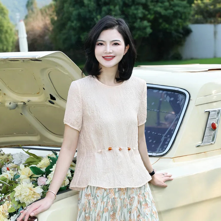 枫竺阿楠anan法式肌理感圆领串珠短袖衬衣女夏新款气质薄衬衫上衣