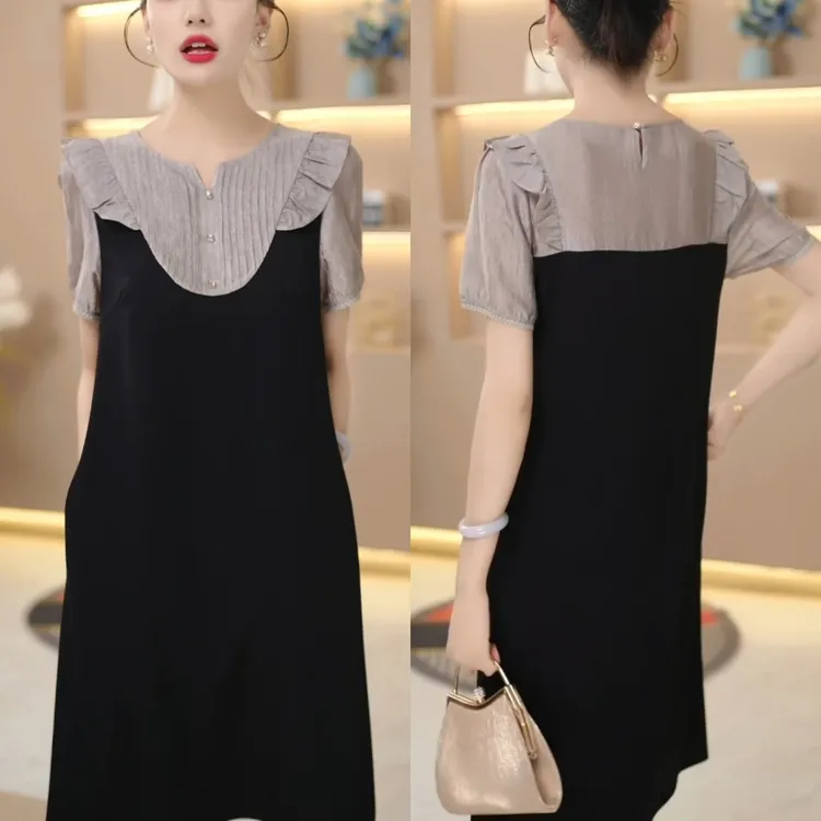 显瘦木耳边拼接假两件连衣裙子女夏季新款时尚法式设计拼色中长裙