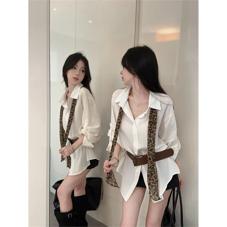 不规则豹纹领带衬衫女设计感小众秋季中长款配腰带上衣巨好看衬衣