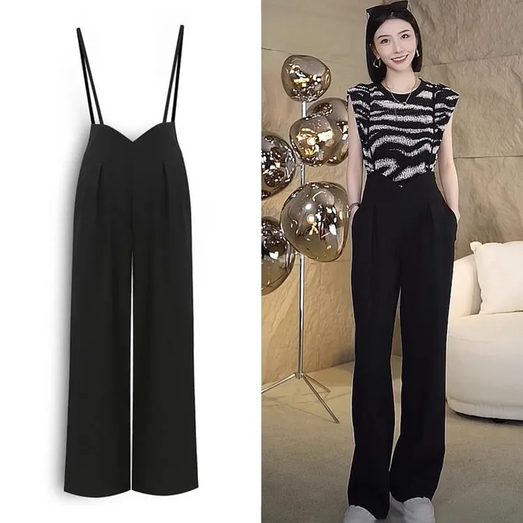 时尚休闲斑马纹短袖T恤上衣气质直筒背带裤套装女夏装搭配一整套