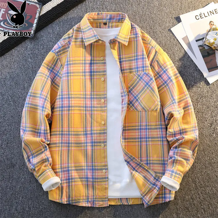花花公子格子长袖衬衫男士翻领春秋季穿搭复古宽松情侣款外套衬衣