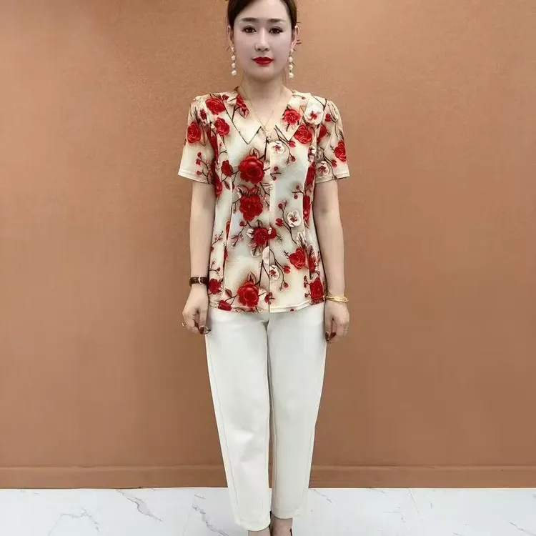 夏季新款妈妈装宽松V领印花短袖优雅气质显瘦时尚小衫