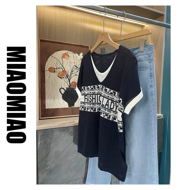 【苗苗】7706针织假两件夏季新款薄款宽松圆领洋气衣服女上衣