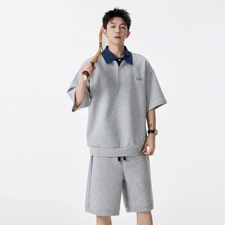 半拉链polo衫短袖t恤套装男生夏季新款青少年潮流宽松休闲两件套