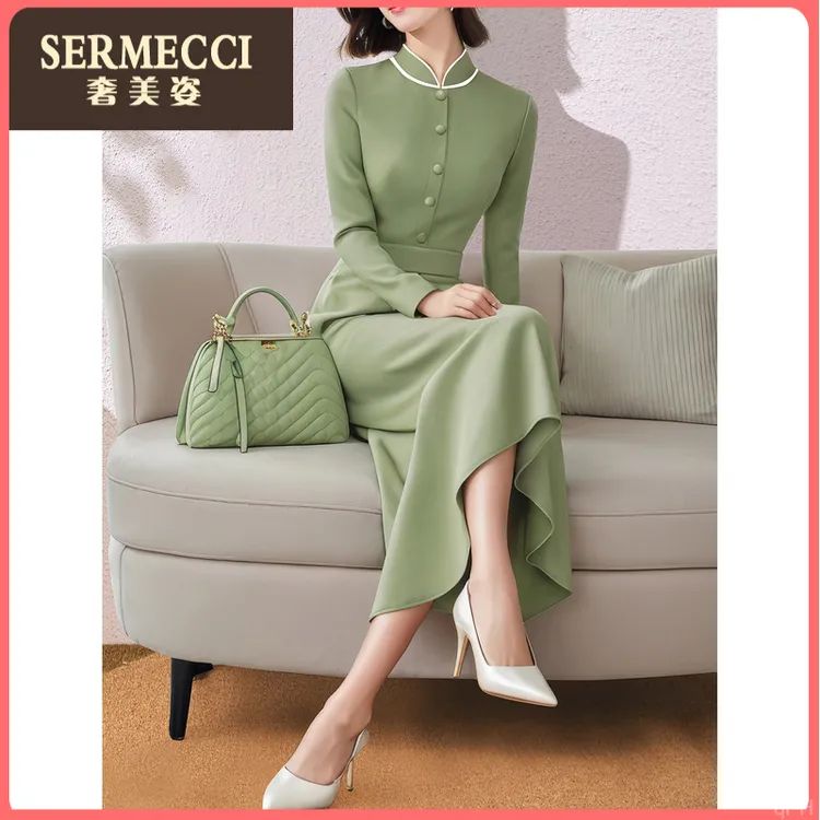 新款奢美姿新中式连衣裙2025秋冬气质上档次显瘦长裙高级感