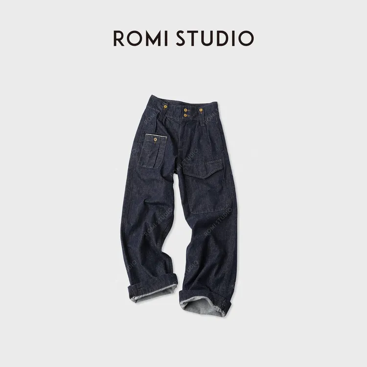 ROMI STUDIO“丹宁点缀”多口袋高腰棉点直筒垂感牛仔裤RWCAXA5385