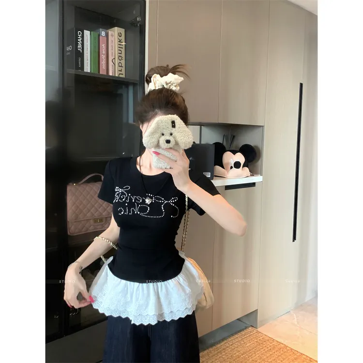 蝴蝶结烫钻花边黑色短袖t恤女夏季修身显瘦正肩短款上衣潮