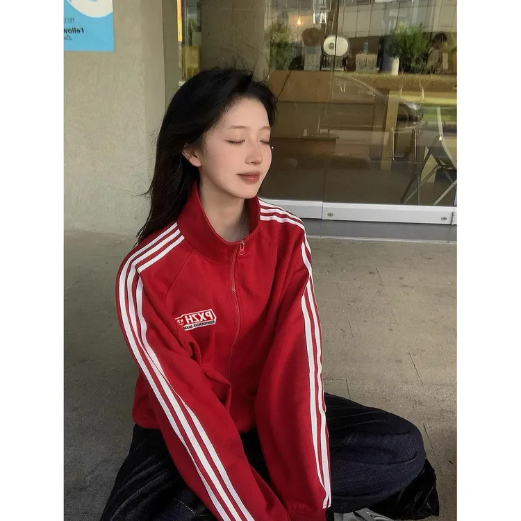 美式洋气简约韩版立领三条杠卫衣女秋冬宽松显瘦加绒拉链开衫外套