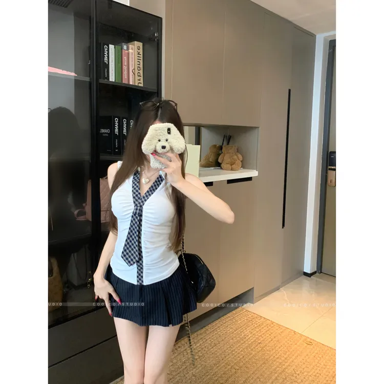 格纹领带修身外穿内搭小上衣2025夏季新款法式气质设计感女背心