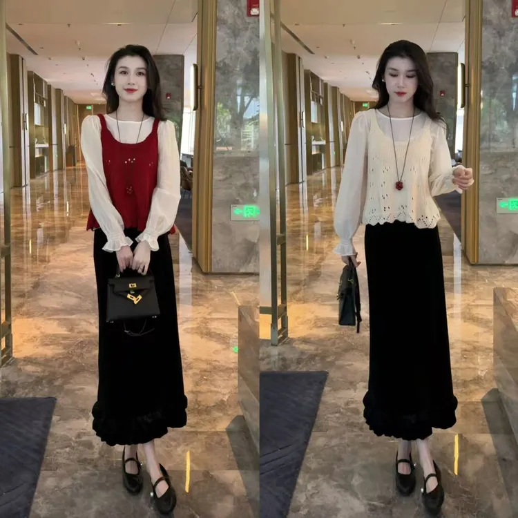 针织背心叠穿马甲加圆领衬衫上衣+ 丝绒木耳边半身直筒裙两件套