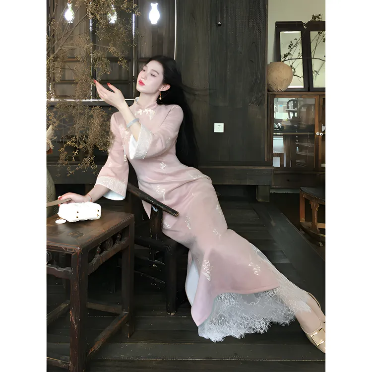 凌茜恣禾【婉樱】国风新中式绣花立领长袖连衣裙气质优雅改良旗袍裙