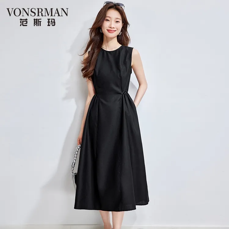时尚桑蚕丝黑色无袖连衣裙2025新款今年流行爆款夏季收腰a字裙子a