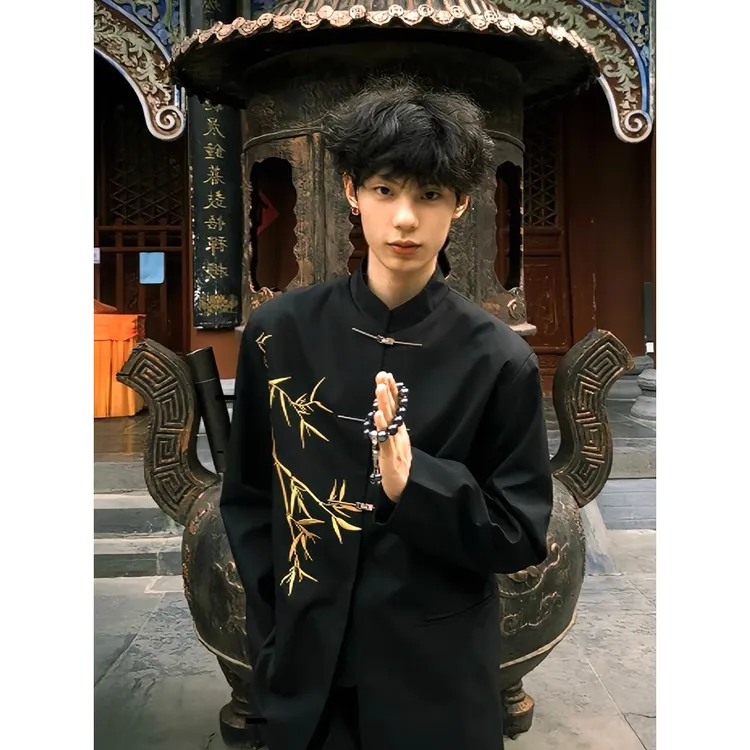 新中式竹子刺绣盘扣西装外套男夏季国风潮牌高级感大码中山装夹克