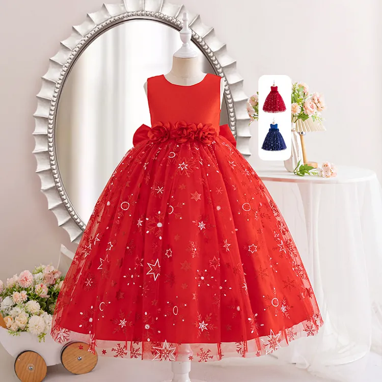 新款女童连衣裙儿童星星印花无袖公主裙花朵网纱婚礼小伴娘礼服裙