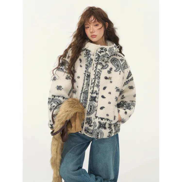 董璇同款SOMESOWE买手店冬季提花摇粒绒连帽休闲外套厚实保暖上衣