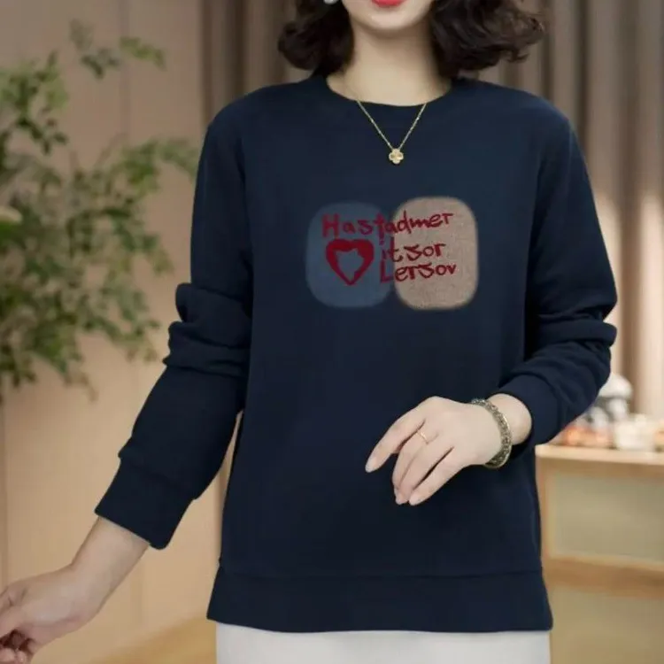休闲大码印花妈妈装圆领卫衣2025秋季新款减龄侧开叉显瘦百搭上衣