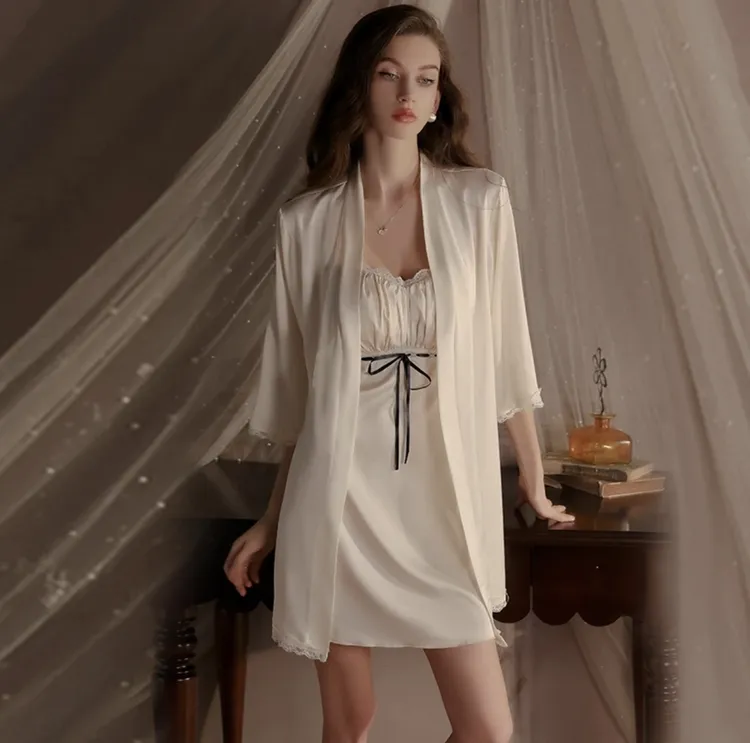 眠之语2025新款女士性感睡衣蕾丝聚拢加胸垫睡裙外袍家居服套装