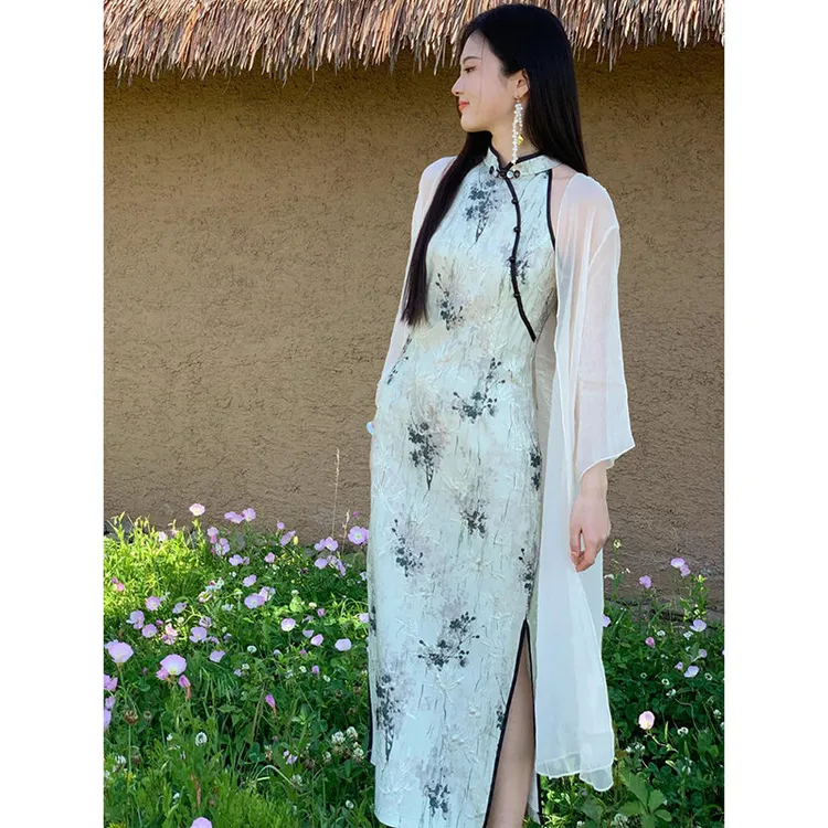 野山茶 墨染 改良旗袍_披肩 素雅水墨挂脖裙温柔小个子连衣裙修身