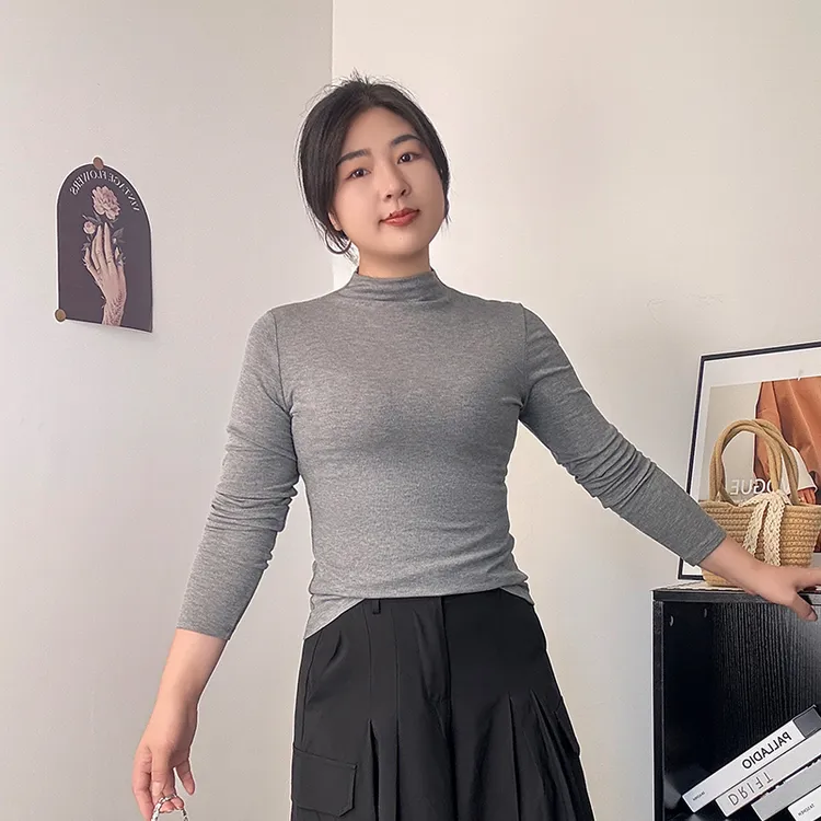 灰色长袖t恤女秋冬半高领打底衫新款内搭螺纹打底上衣2025年新款