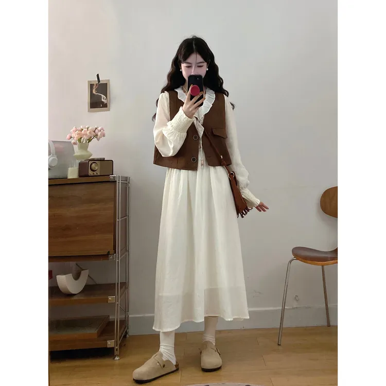 实拍~大码女装设计感法式减龄马甲两件套气质长袖连衣裙套装