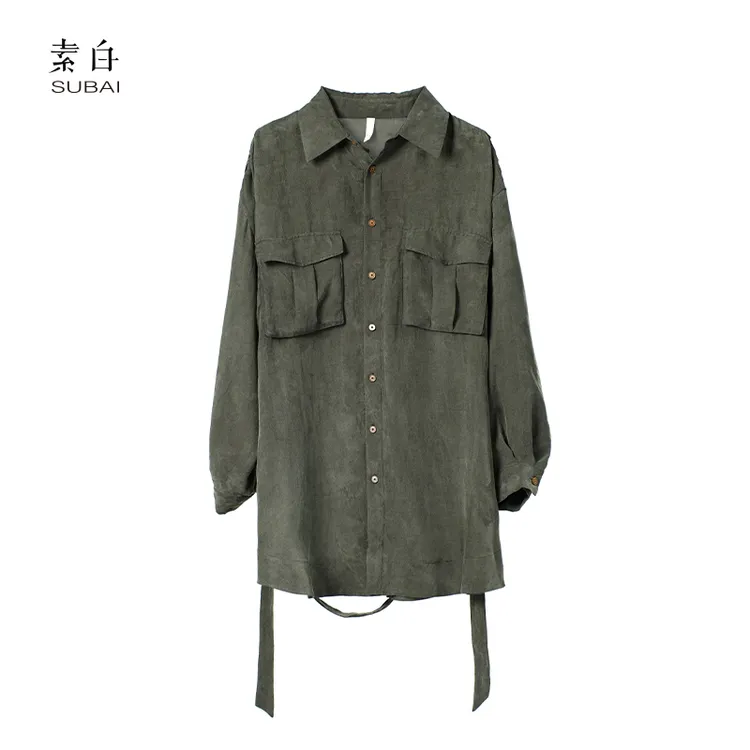 素白工装风【风行者】P01057军绿色铜氨丝大口袋系带长袖衬衫