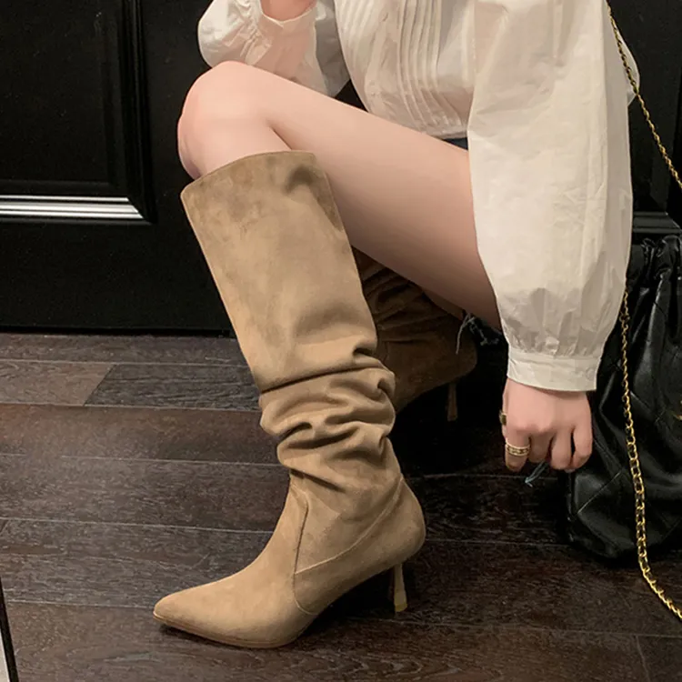 网红西部牛仔靴秋冬女款尖头长筒靴薄款中筒美拉德增高西部牛仔靴