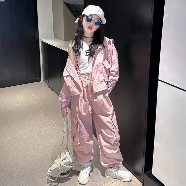 女童工装套装春秋2025新款中大童秋装女孩网红炸街儿童潮酷运动服