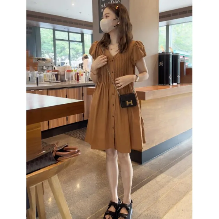 韩系设计感飞飞袖连衣裙女2025夏季新款大码胖MM遮肉显瘦压褶裙子