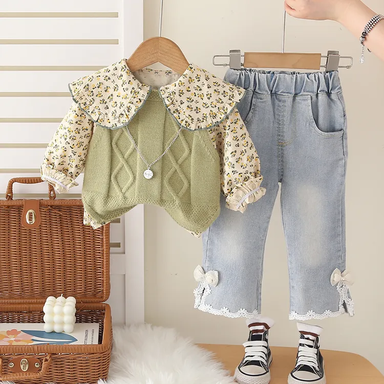 女童秋装套装新款洋气婴儿童春秋季女宝宝洋气毛衣马甲衬衫三件套