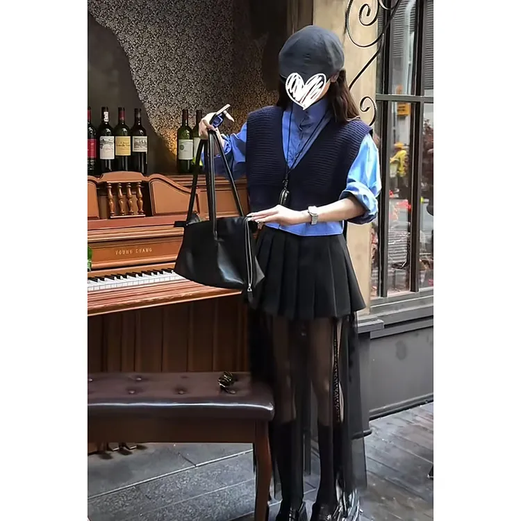 【香草奶盖】舒适百搭时尚真两件针织拼短衬衫高腰网纱拼接半裙套装
