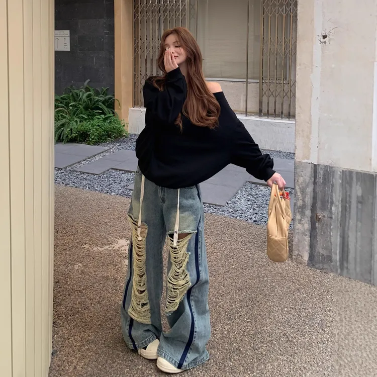 实拍2025新款破洞拖地牛仔裤女宽松设计感复古辣妹慵懒直筒裤潮