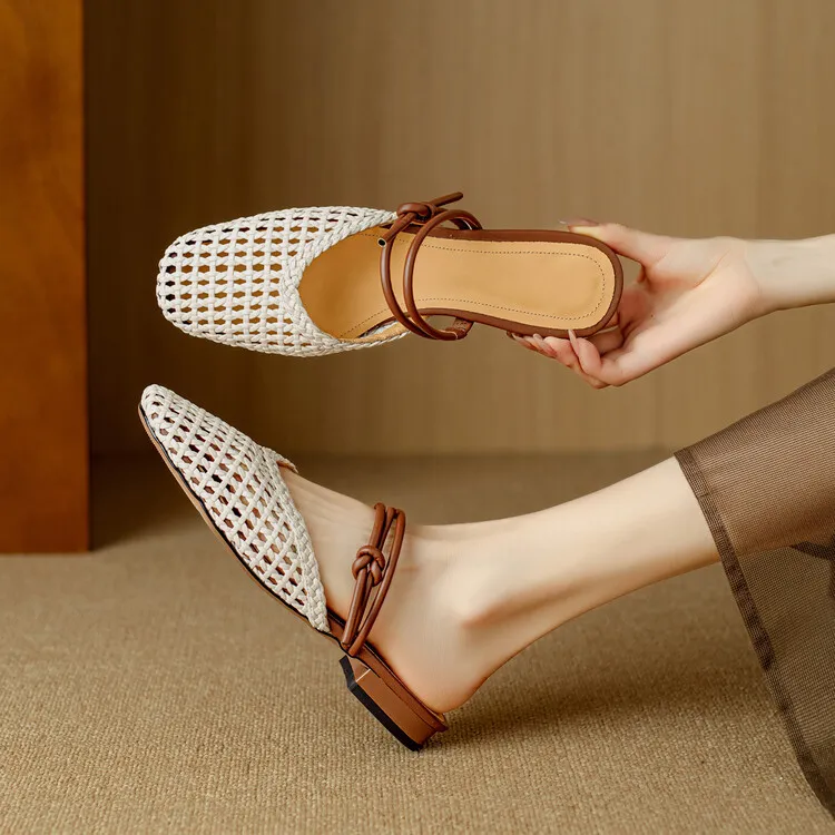 2025夏季法式复古镂空包头拖女外穿粗跟低跟编织一字带穆勒鞋凉拖