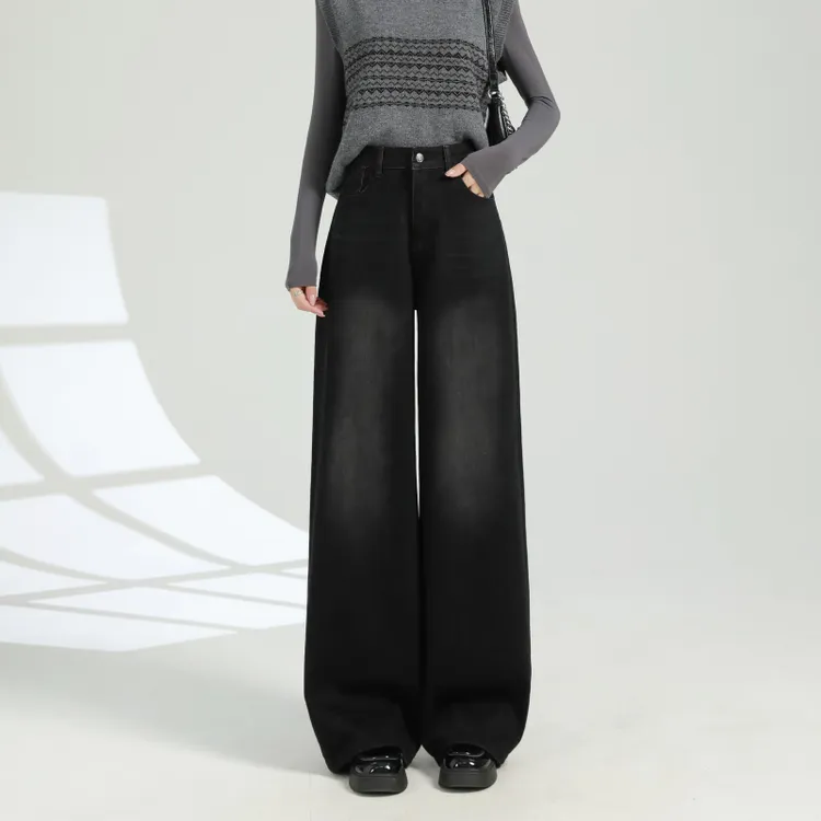 秋季高腰直筒黑色长裤秋冬牛仔裤新款宽松裤子阔腿裤显瘦时尚百搭