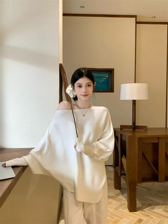 女一字领蝙蝠袖蝙蝠针织毛针织衫圆领时尚宽松纯色