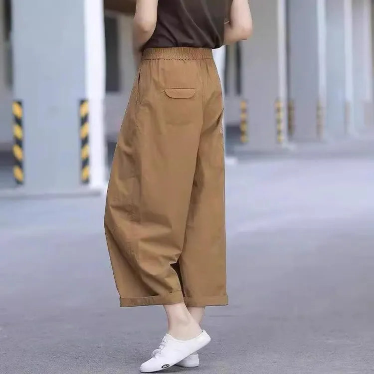 九分阔腿休闲裤女春夏薄款宽松百搭文艺工装裤松紧腰中年八分女裤