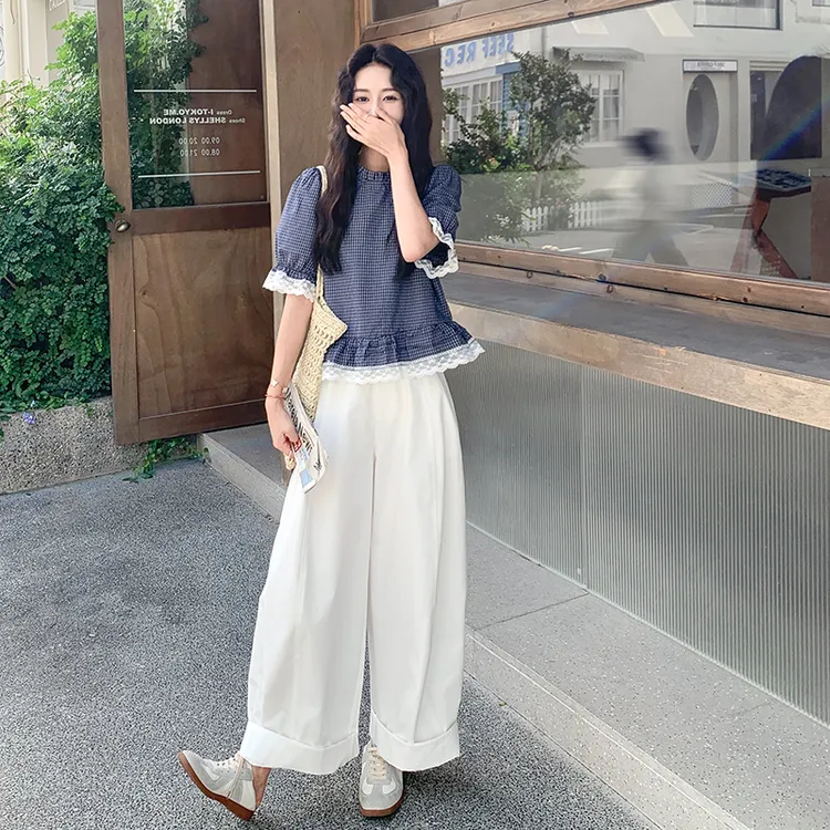 韩系蕾丝花边拼接格子小衫休闲裤两件套女夏2025新款休闲百搭套装