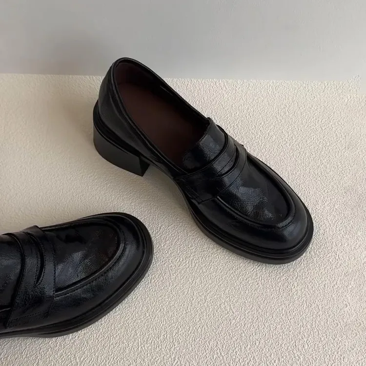 牛皮版~厚底一脚蹬黑色小皮鞋圆头复古通勤乐福鞋深口粗跟单鞋女