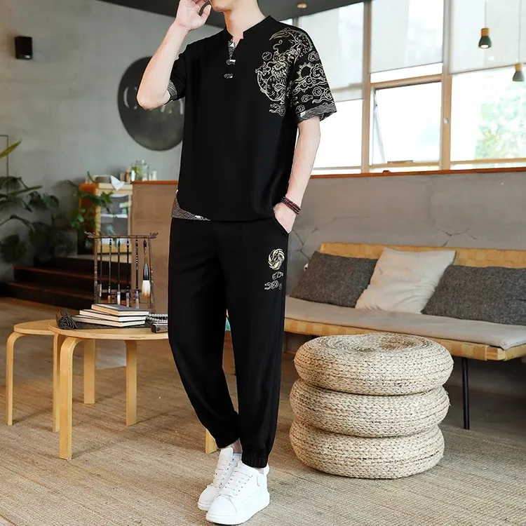 奇珀菲仑中国风夏季休闲套装男士时尚短袖t恤复古龙纹印花半袖