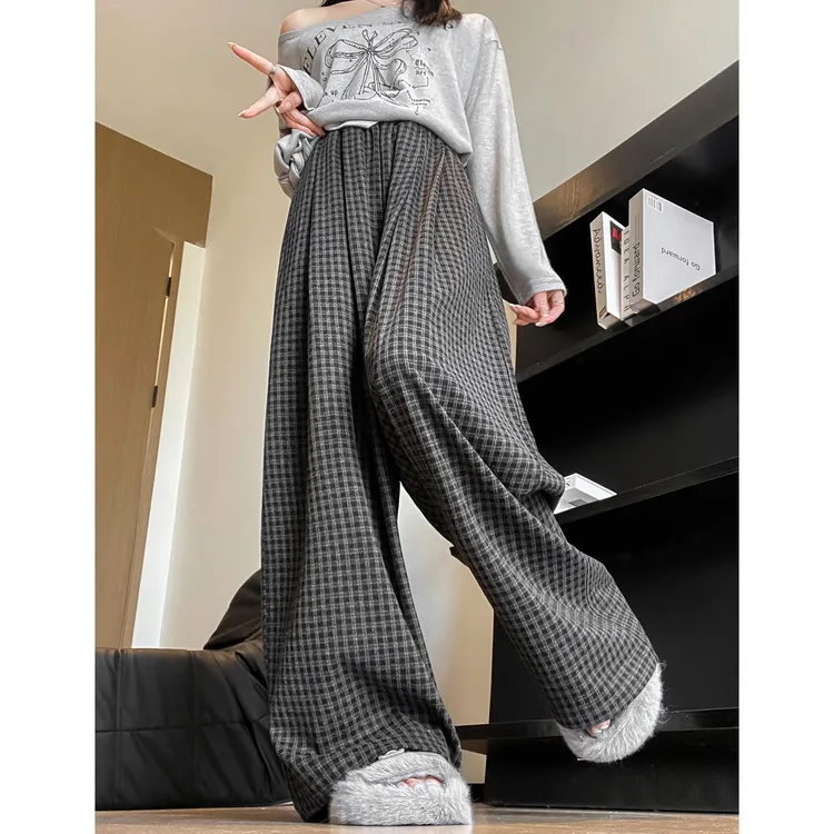 日系慵懒风棋盘格休闲裤女春秋季2025新款垂感显瘦高腰灰色阔腿裤