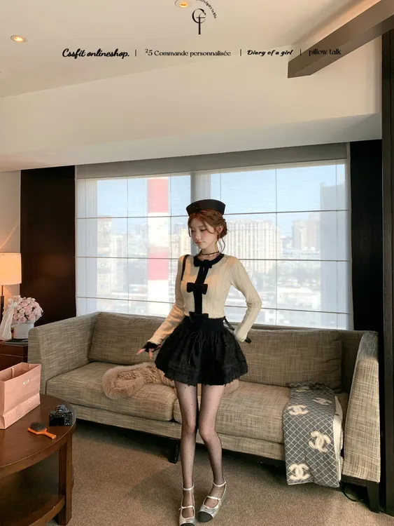 晚间星屑 小香氛围毛毛外套蝴蝶结针织衫上衣2025秋冬半身裙套装